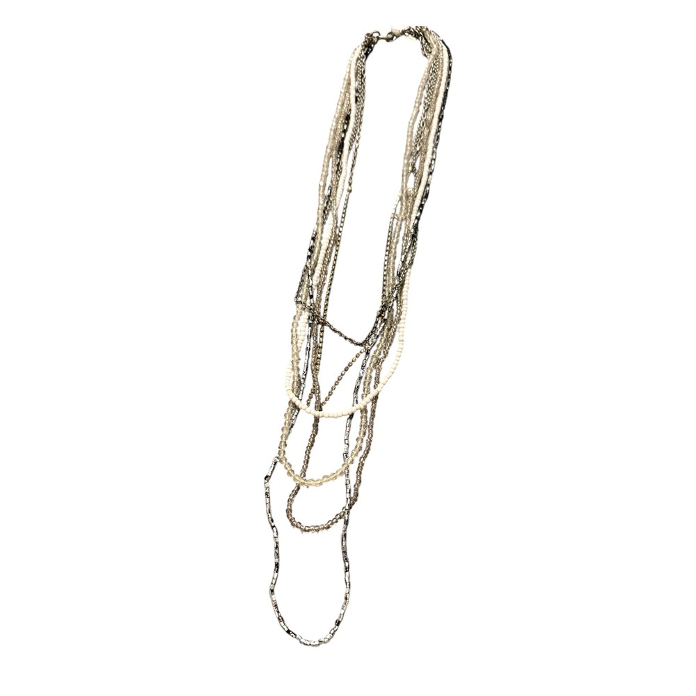 AEO‎ Multi Strand Layered Necklace Silver Tone White Beaded Mixed Chain Long